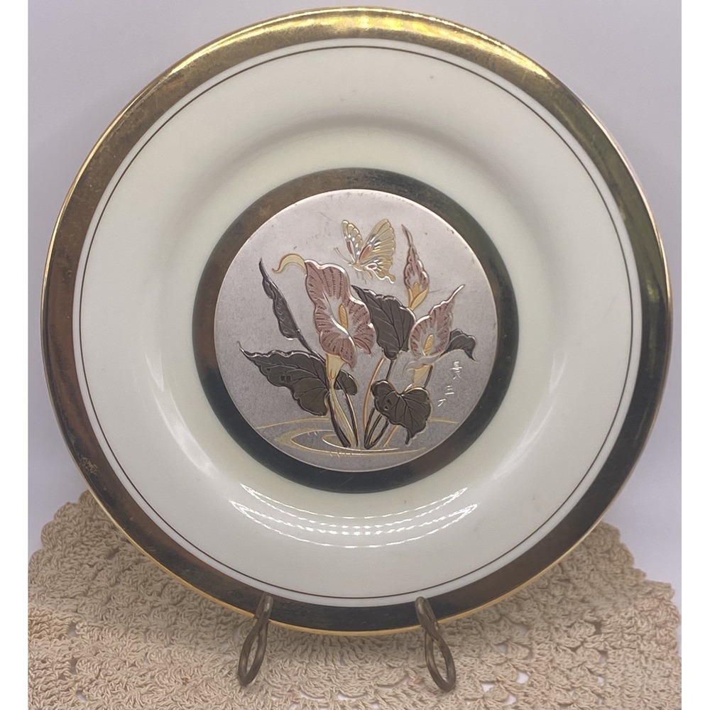 Vintage Art Of Chokin 24k Gold Rim 6.5" Japanese Plate Calla Lilies & Butterfly